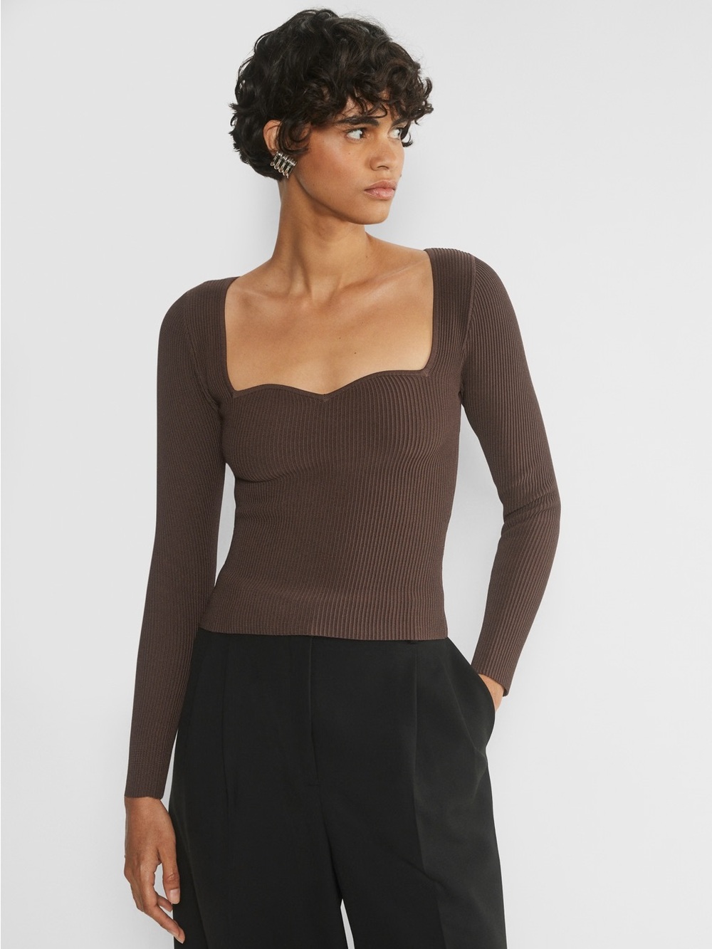 005 Babaton Ribbed Sculpt Knit Sweetheart Neckline Long Sleeve Top - Brown